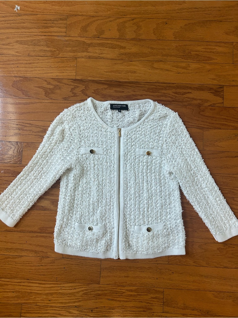 Jones New York women Cream Textured Zip-Front Cardigan size M